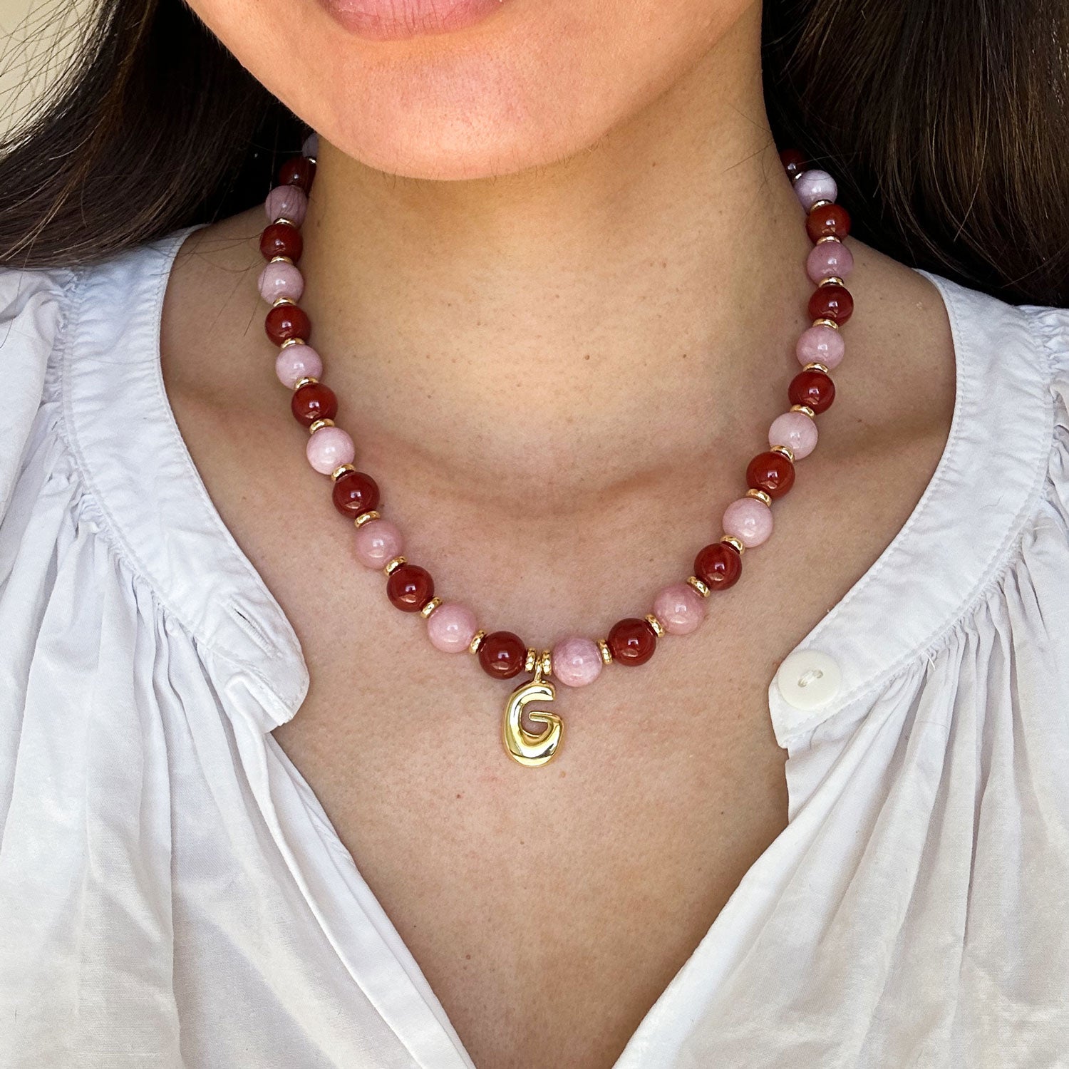 Benson Initial Necklace - Kunzite/Red Agate